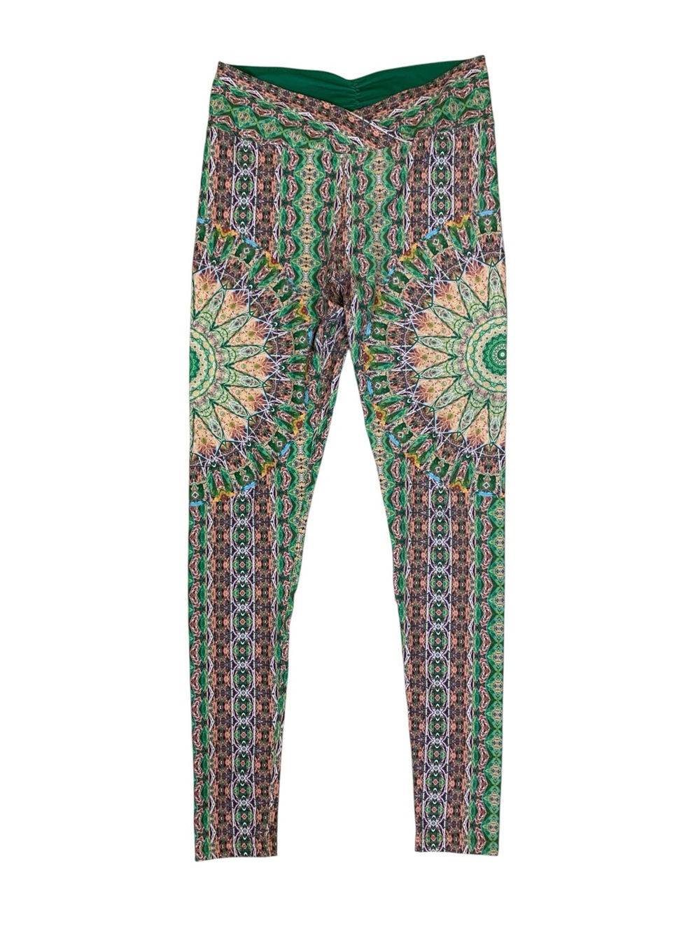 Wolven Fauna Ruched Crossover Leggings Green Abstract Print High Rise Yoga M - Picture 2 of 5